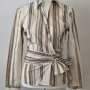 Striped Wrap Button-Down Shirt in Cream & Brown